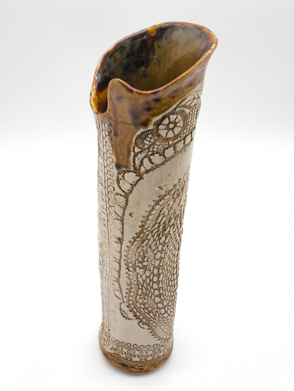 Twiddy Pottery by Colleen Diess - Handcrafted Lace Impressed Ceramic Slab Vase - Picture 2 of 13